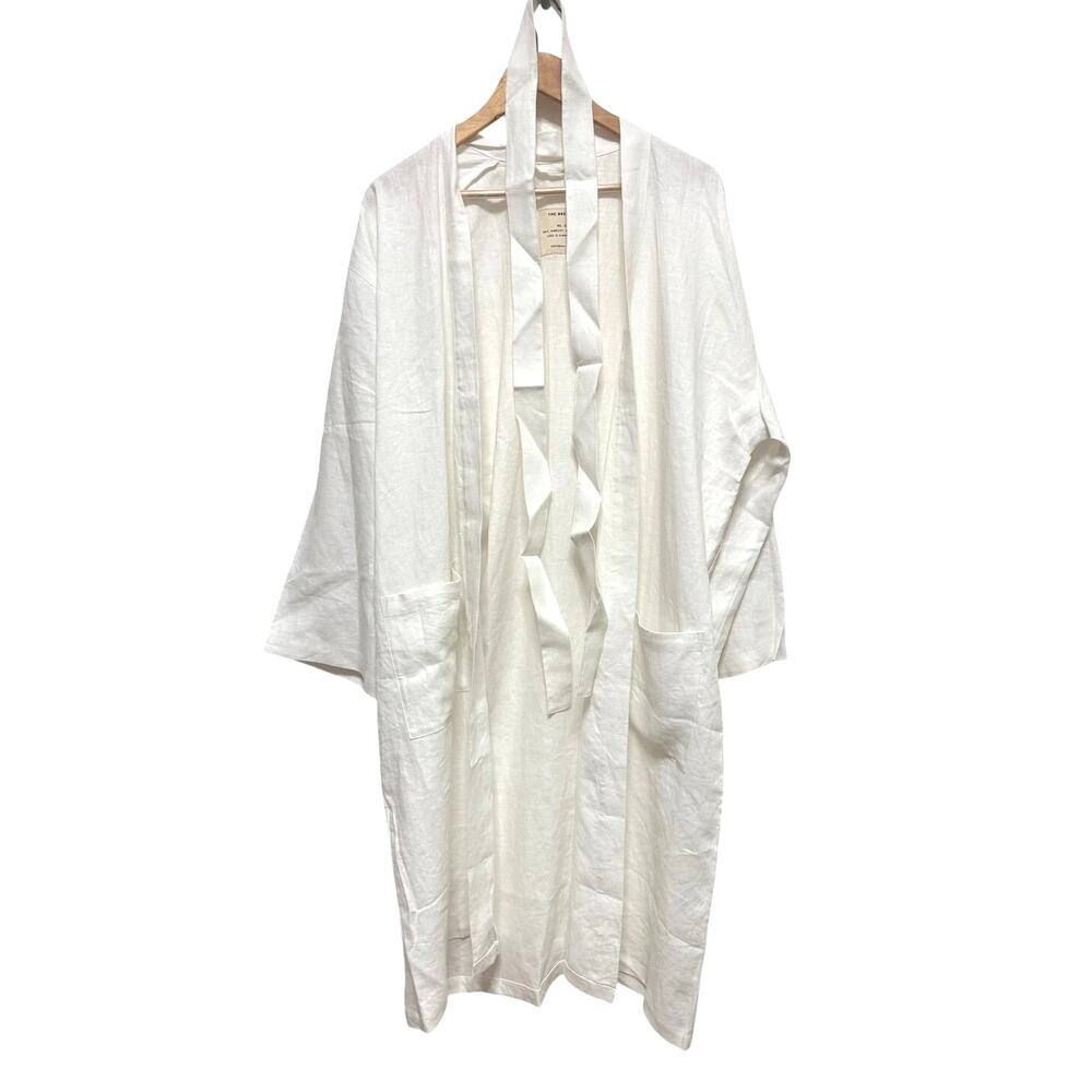 Linen 100% French Flax Bath Robe Unisex White Spa Light wit Tie White One Size